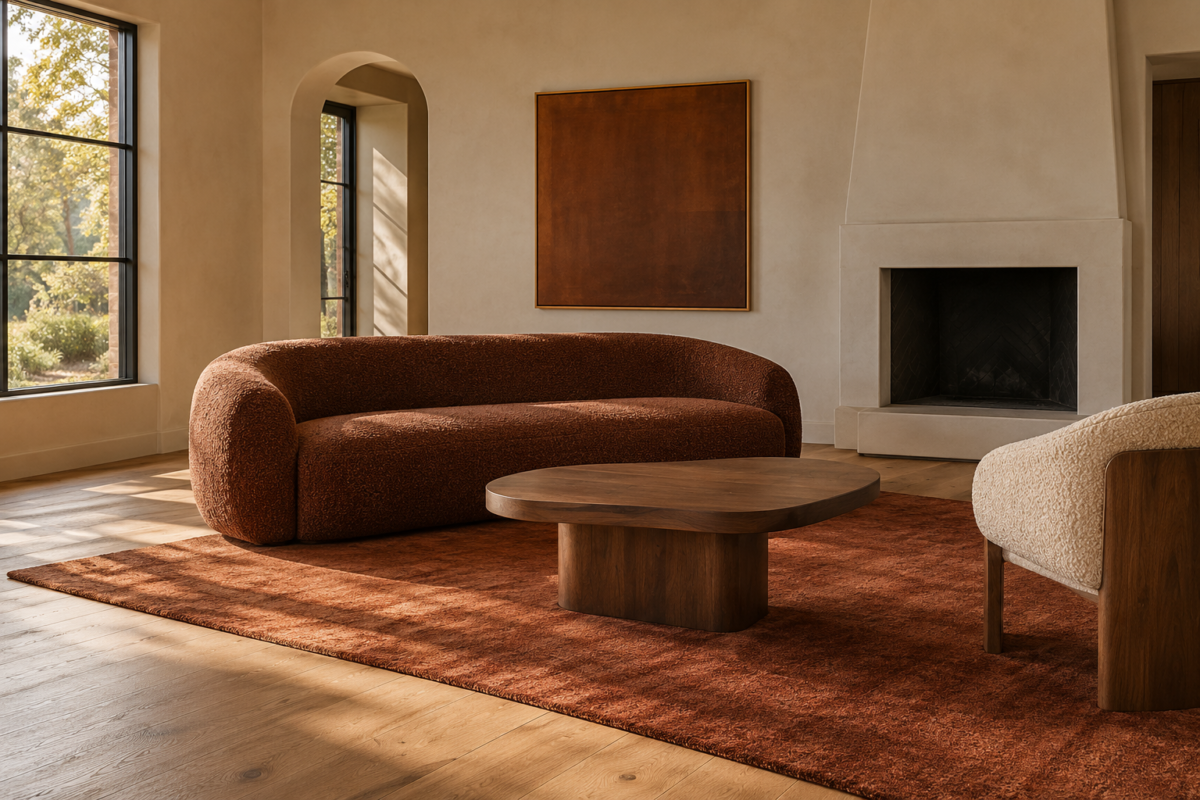 A living room styled for fall with a deep terracotta sofa, a sculptural pedestal coffee table, and a rust wool rug.
