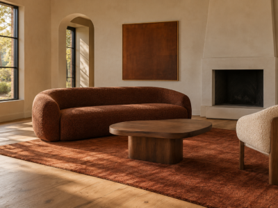 A living room styled for fall with a deep terracotta sofa, a sculptural pedestal coffee table, and a rust wool rug.