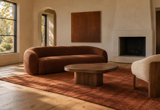 A living room styled for fall with a deep terracotta sofa, a sculptural pedestal coffee table, and a rust wool rug.
