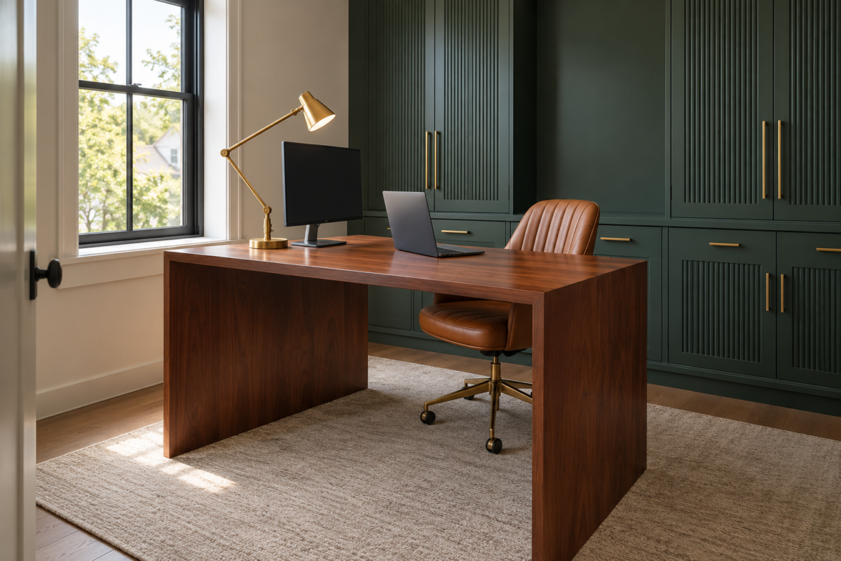 A home office desk positioned sideways to a window, with a brass task lamp angled toward the chair and a clear, glare-free monitor.