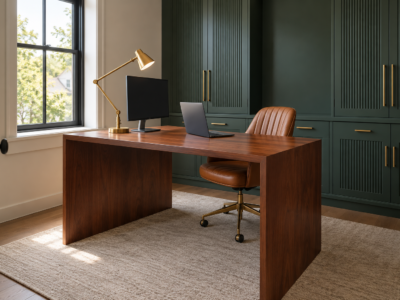 A home office desk positioned sideways to a window, with a brass task lamp angled toward the chair and a clear, glare-free monitor.