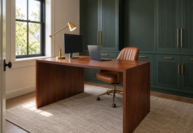 A home office desk positioned sideways to a window, with a brass task lamp angled toward the chair and a clear, glare-free monitor.