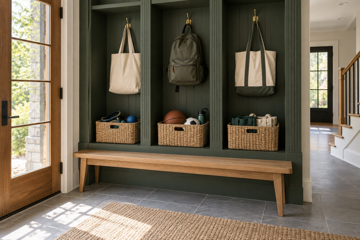 A mudroom built-in with fluted green cabinetry, labeled woven bins, and brass hooks, each holding one category of items.