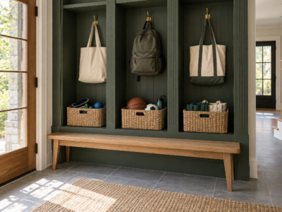 A mudroom built-in with fluted green cabinetry, labeled woven bins, and brass hooks, each holding one category of items.