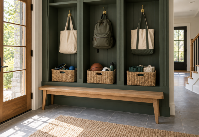 A mudroom built-in with fluted green cabinetry, labeled woven bins, and brass hooks, each holding one category of items.