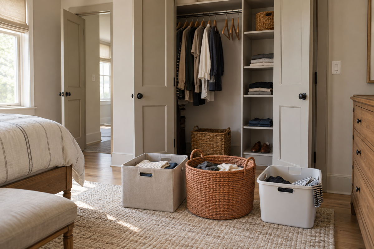 Three organized bins for keep, donate, and toss in front of an open closet during a decluttering session