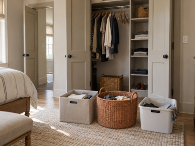 Three organized bins for keep, donate, and toss in front of an open closet during a decluttering session