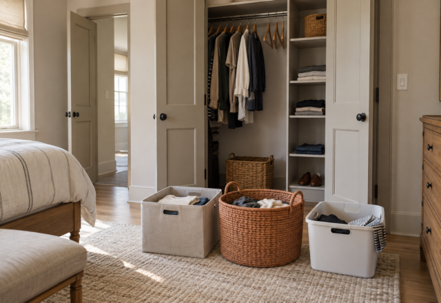 Three organized bins for keep, donate, and toss in front of an open closet during a decluttering session
