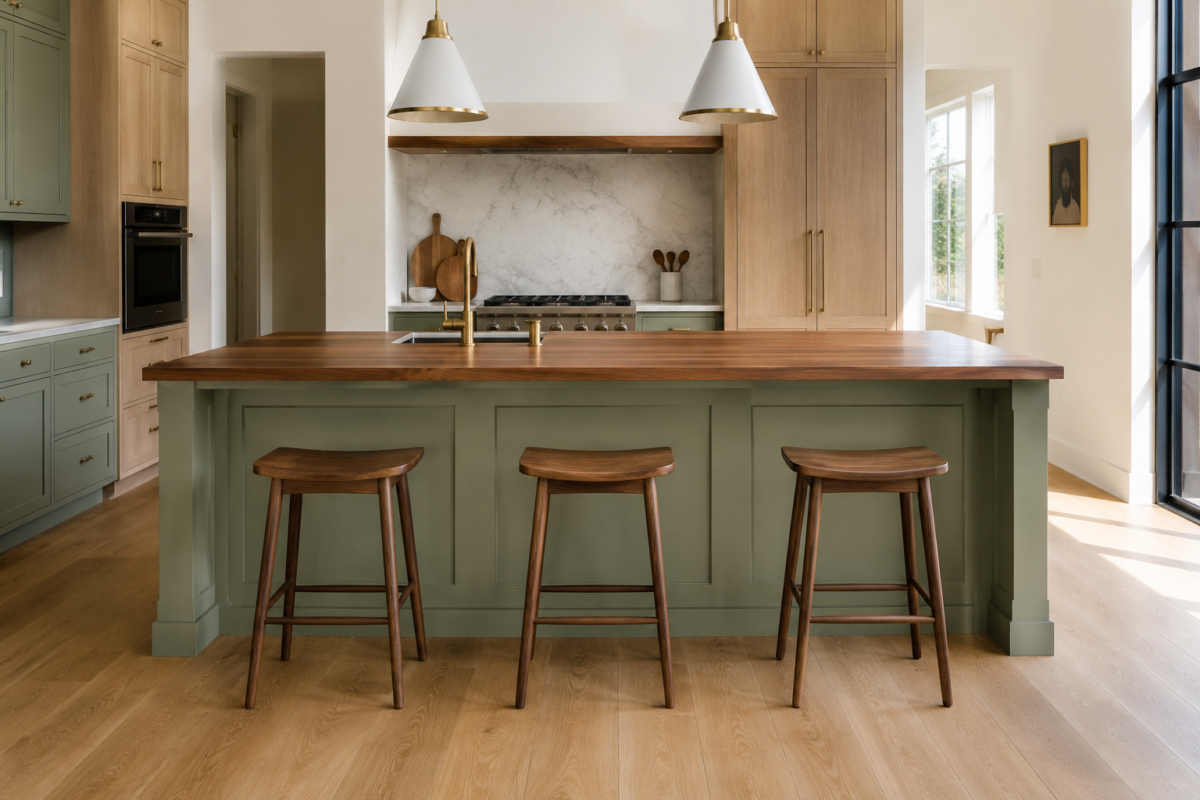 Stools at a kitchen island spaced with visible elbow room between each