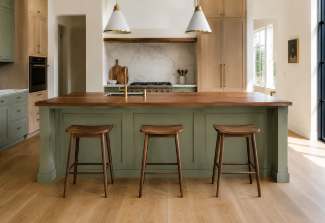 Stools at a kitchen island spaced with visible elbow room between each