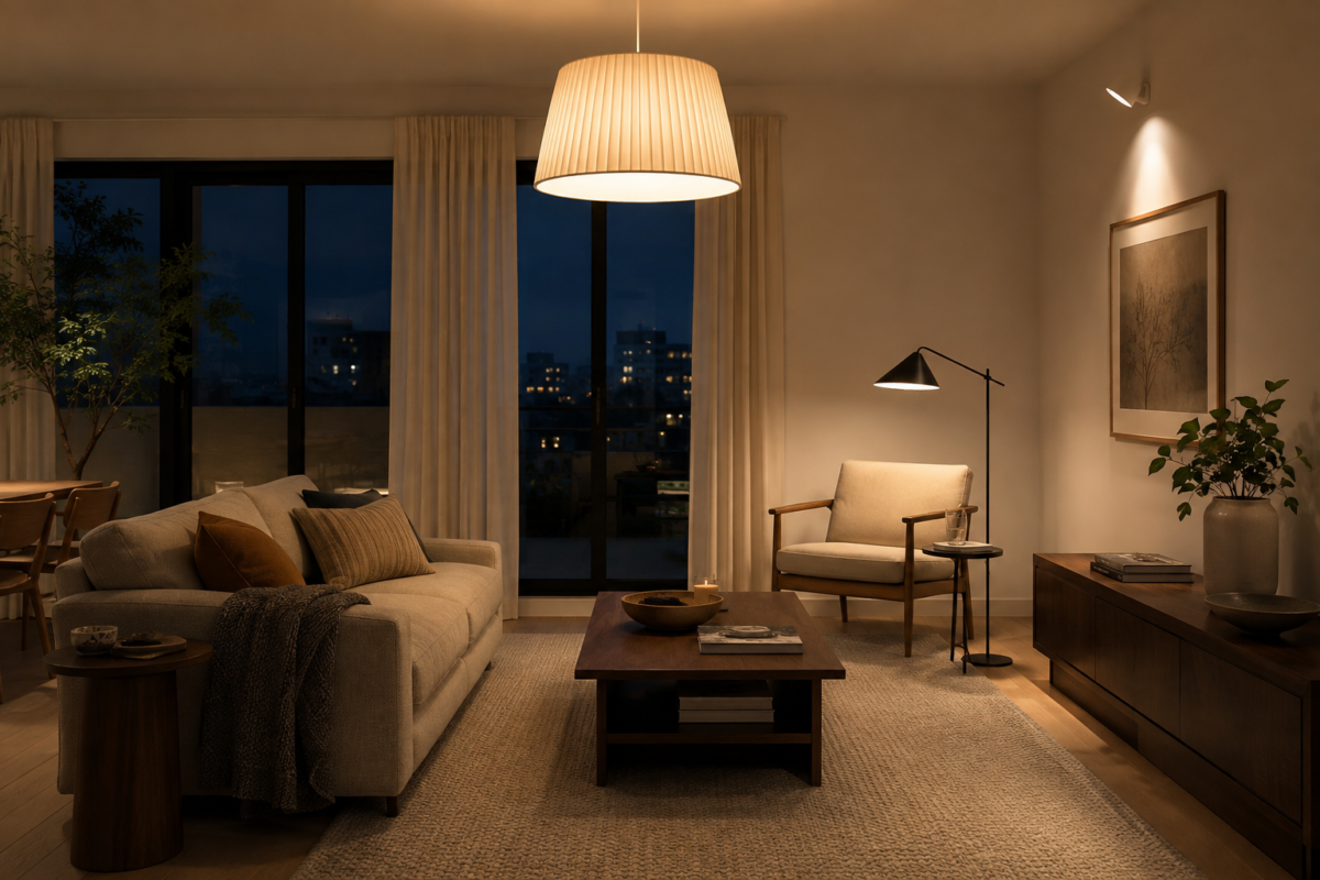 A living room lit in the evening with ambient, task, and accent lighting all visible