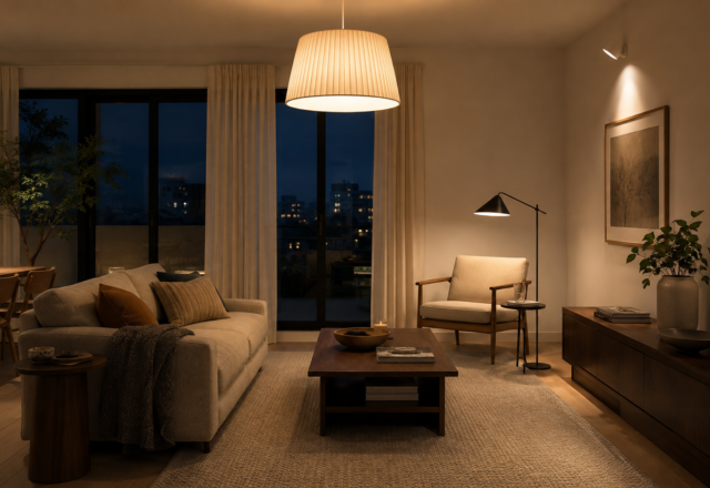 A living room lit in the evening with ambient, task, and accent lighting all visible