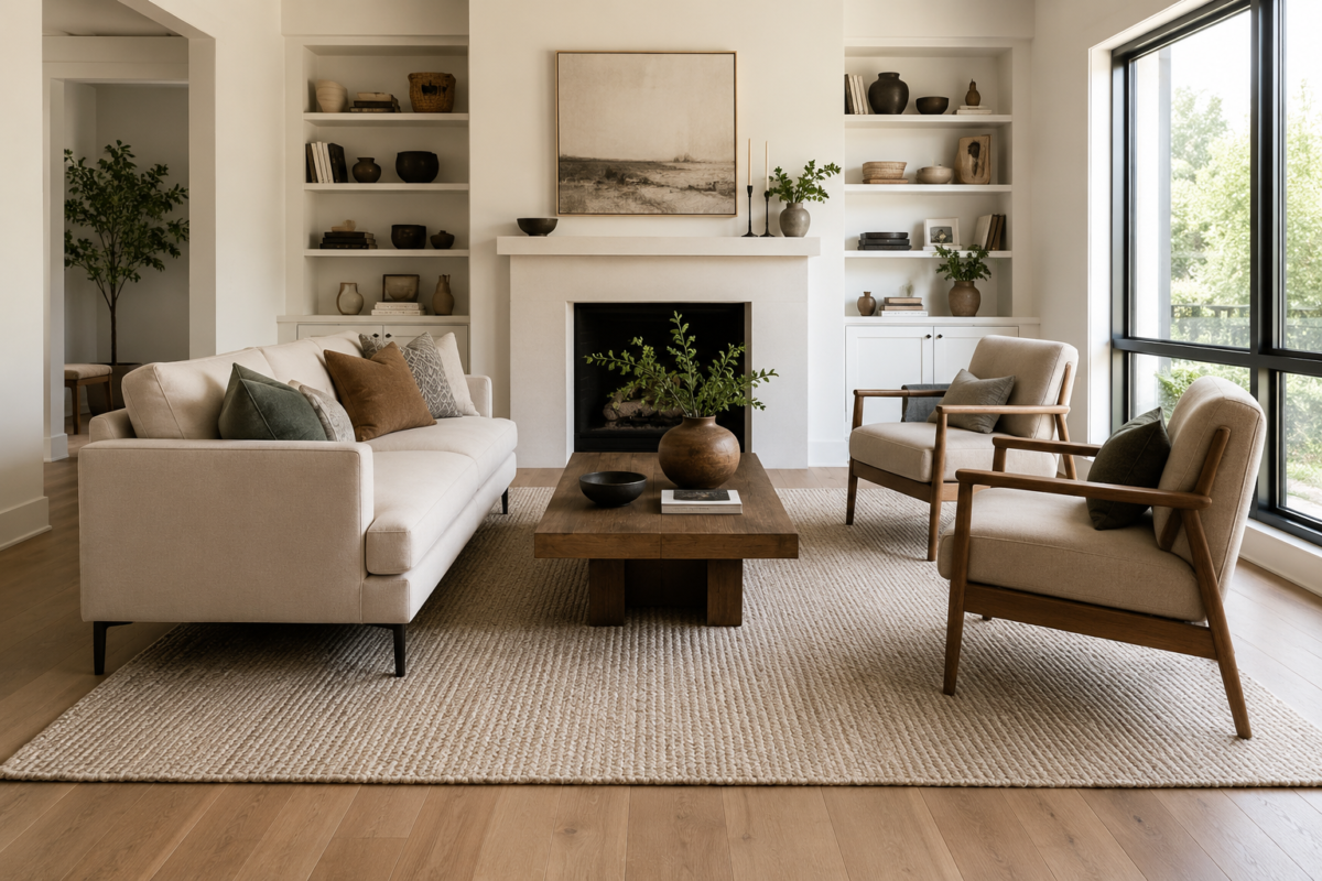 A living room rug sized to connect the full seating group, with furniture legs resting on it