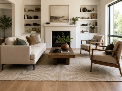 A living room rug sized to connect the full seating group, with furniture legs resting on it