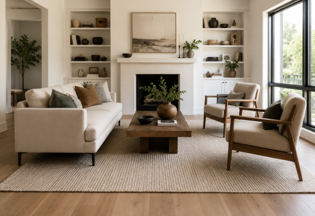 A living room rug sized to connect the full seating group, with furniture legs resting on it