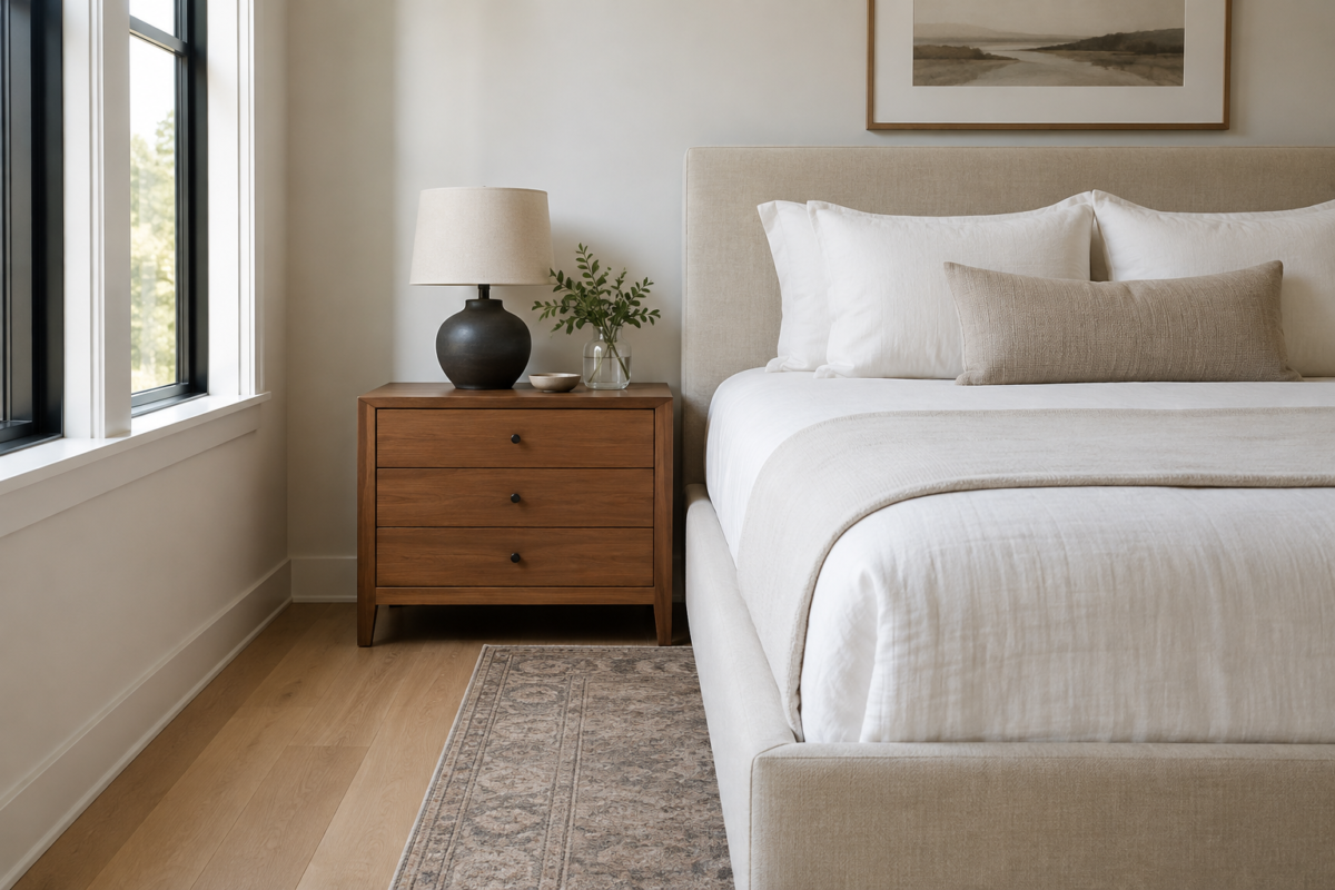 A nightstand sized so its top sits level with the mattress it stands beside