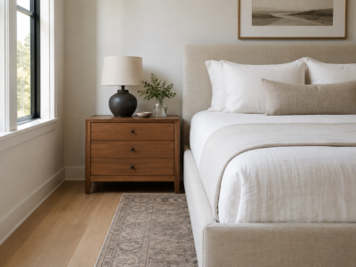 A nightstand sized so its top sits level with the mattress it stands beside