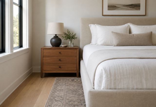 A nightstand sized so its top sits level with the mattress it stands beside