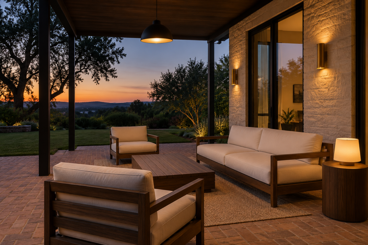 A covered patio at dusk lit by a pendant, wall sconces, and a portable lamp working together