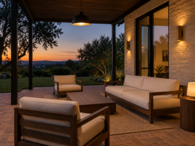 A covered patio at dusk lit by a pendant, wall sconces, and a portable lamp working together