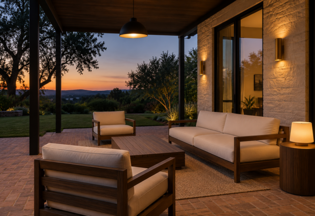 A covered patio at dusk lit by a pendant, wall sconces, and a portable lamp working together