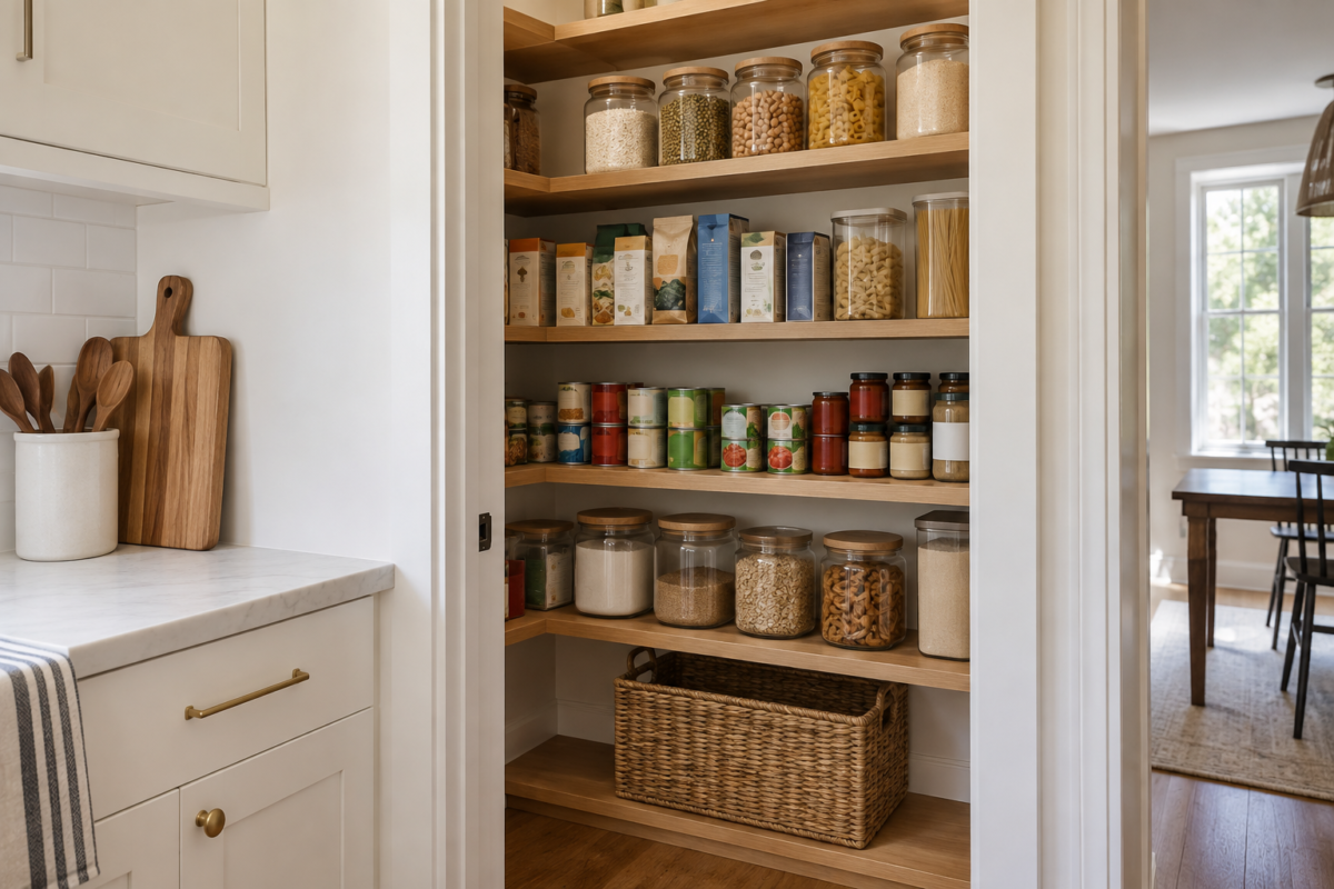 An open pantry with shelves organized by zone, holding a genuine variety of labeled goods.