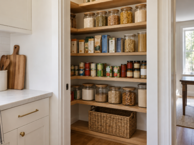 An open pantry with shelves organized by zone, holding a genuine variety of labeled goods.
