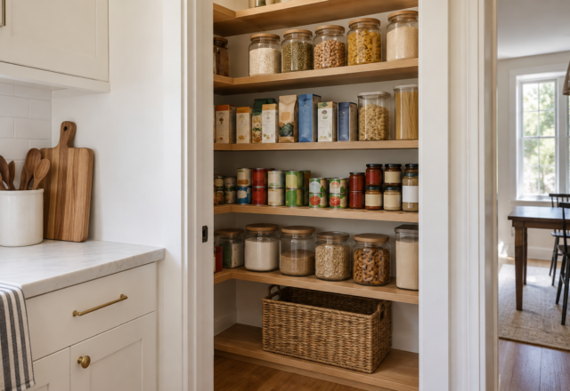 An open pantry with shelves organized by zone, holding a genuine variety of labeled goods.