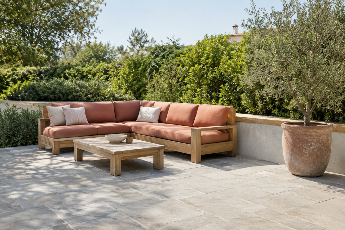 A mid-size patio with bluestone pavers, cedar furniture, and one warm cushion accent, styled as a considered outdoor room