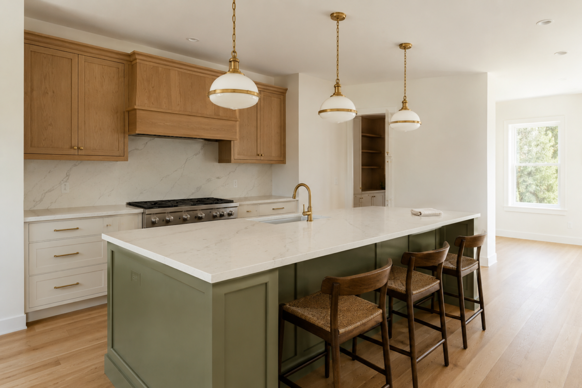 Three correctly sized pendant lights spaced evenly over a long kitchen island