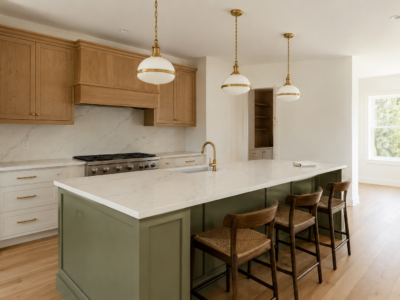 Three correctly sized pendant lights spaced evenly over a long kitchen island