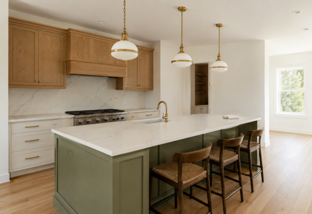 Three correctly sized pendant lights spaced evenly over a long kitchen island
