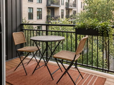 A small apartment balcony furnished with a lightweight bistro table, chairs, an outdoor rug, and a railing planter.