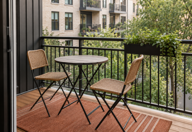 A small apartment balcony furnished with a lightweight bistro table, chairs, an outdoor rug, and a railing planter.
