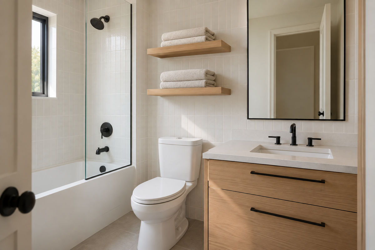 A small bathroom with open shelving mounted above the toilet and a vanity visible in the same frame.