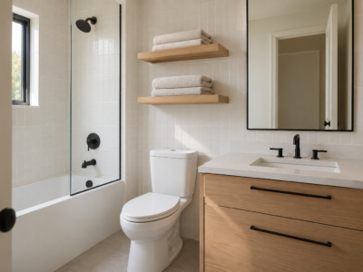 A small bathroom with open shelving mounted above the toilet and a vanity visible in the same frame.