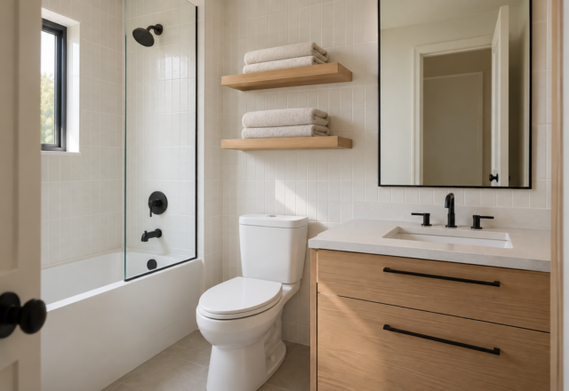 A small bathroom with open shelving mounted above the toilet and a vanity visible in the same frame.