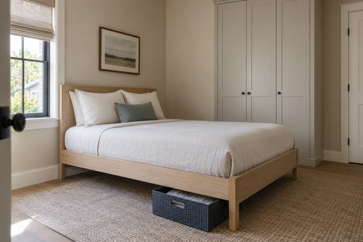 A small bedroom with a storage bin pulled out from under the bed and a wardrobe visible in the background
