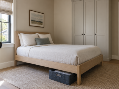 A small bedroom with a storage bin pulled out from under the bed and a wardrobe visible in the background