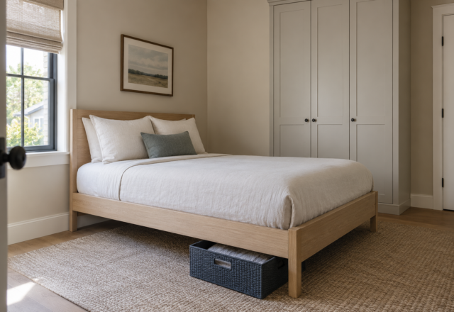 A small bedroom with a storage bin pulled out from under the bed and a wardrobe visible in the background