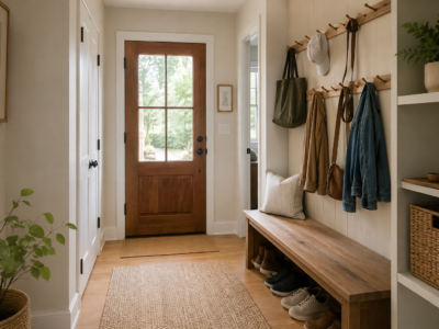 Small entryway with a bench, layered hooks, and a closed woven storage basket