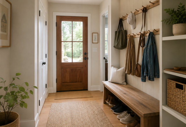 Small entryway with a bench, layered hooks, and a closed woven storage basket