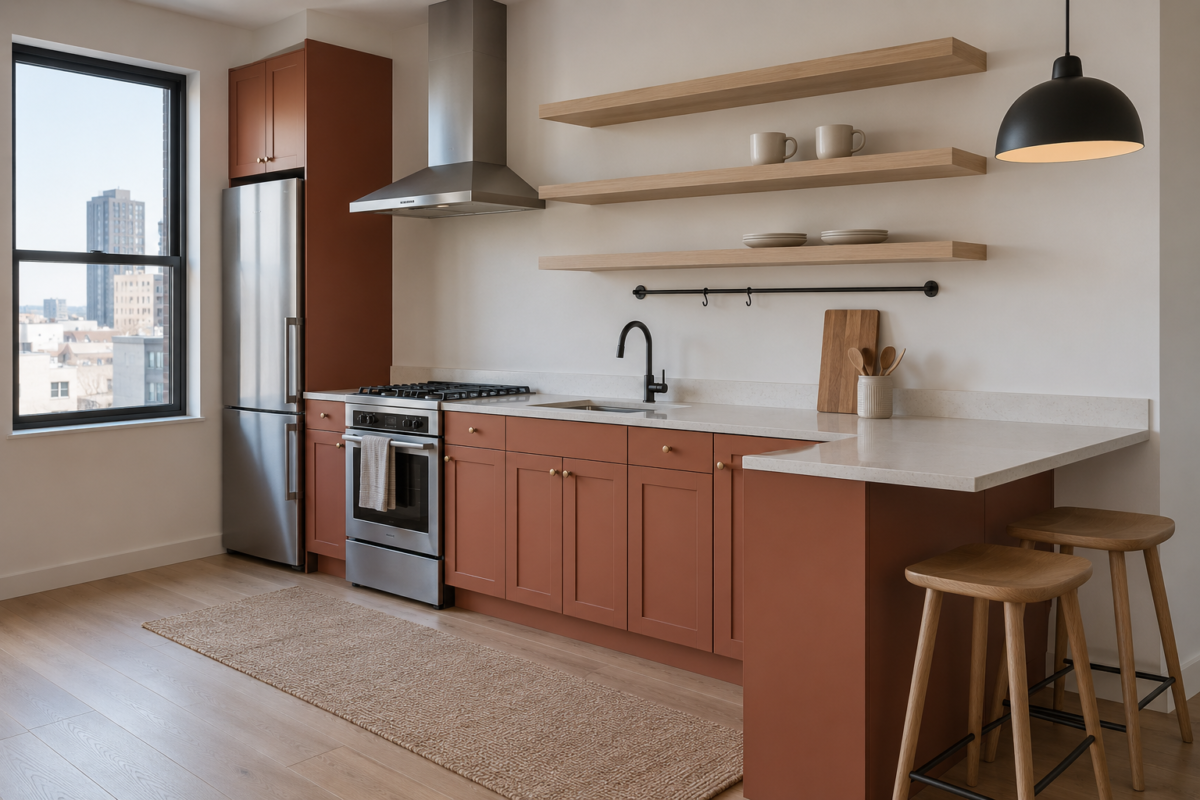 Small kitchen with terracotta cabinets, a cleared prep counter, wall-mounted storage, open shelving, and compact counter seating.