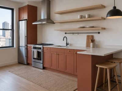 Small kitchen with terracotta cabinets, a cleared prep counter, wall-mounted storage, open shelving, and compact counter seating.