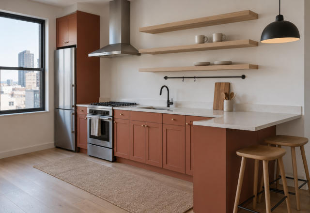 Small kitchen with terracotta cabinets, a cleared prep counter, wall-mounted storage, open shelving, and compact counter seating.
