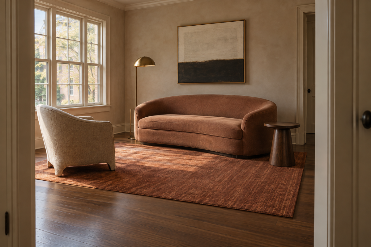 Small living room with a loveseat angled off the wall, a rug anchoring the seating group, and a clear walkway along one side.
