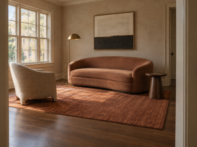 Small living room with a loveseat angled off the wall, a rug anchoring the seating group, and a clear walkway along one side.