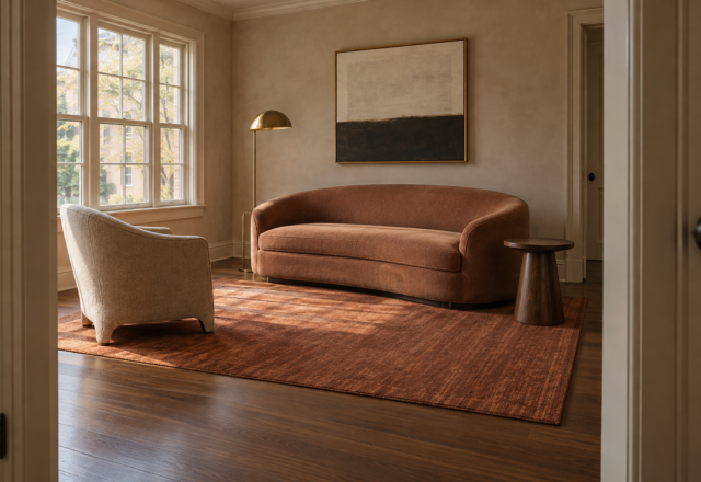 Small living room with a loveseat angled off the wall, a rug anchoring the seating group, and a clear walkway along one side.