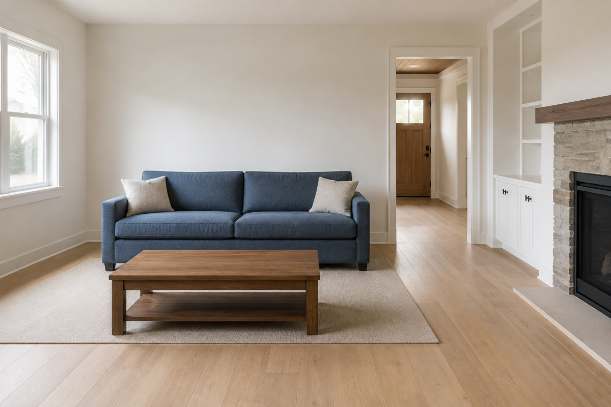 A sofa scaled to its living room, with a full walking path left clear in front of it