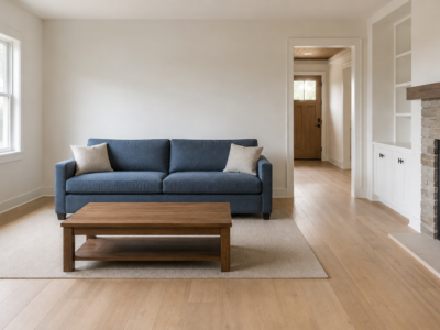 A sofa scaled to its living room, with a full walking path left clear in front of it